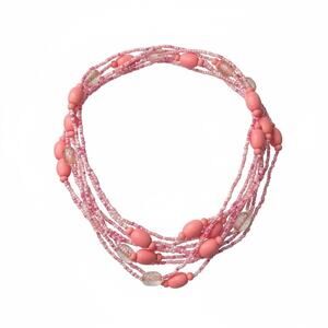 Vtg Pink Multi-Strand Seed Bead Necklace w/ Painted Wood & Clear Plastic Beads